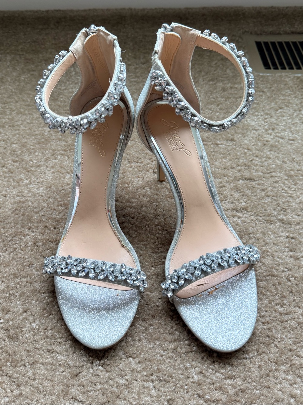 Jewel Badgley Mischka Silver Crystal Ankle-Strap Heels Sz 9.5